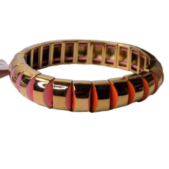 Kate Spade Stretch Bangle Bracelet Gold-tone Metal Pink Multi Sliced Scallops - Picture 1 of 4